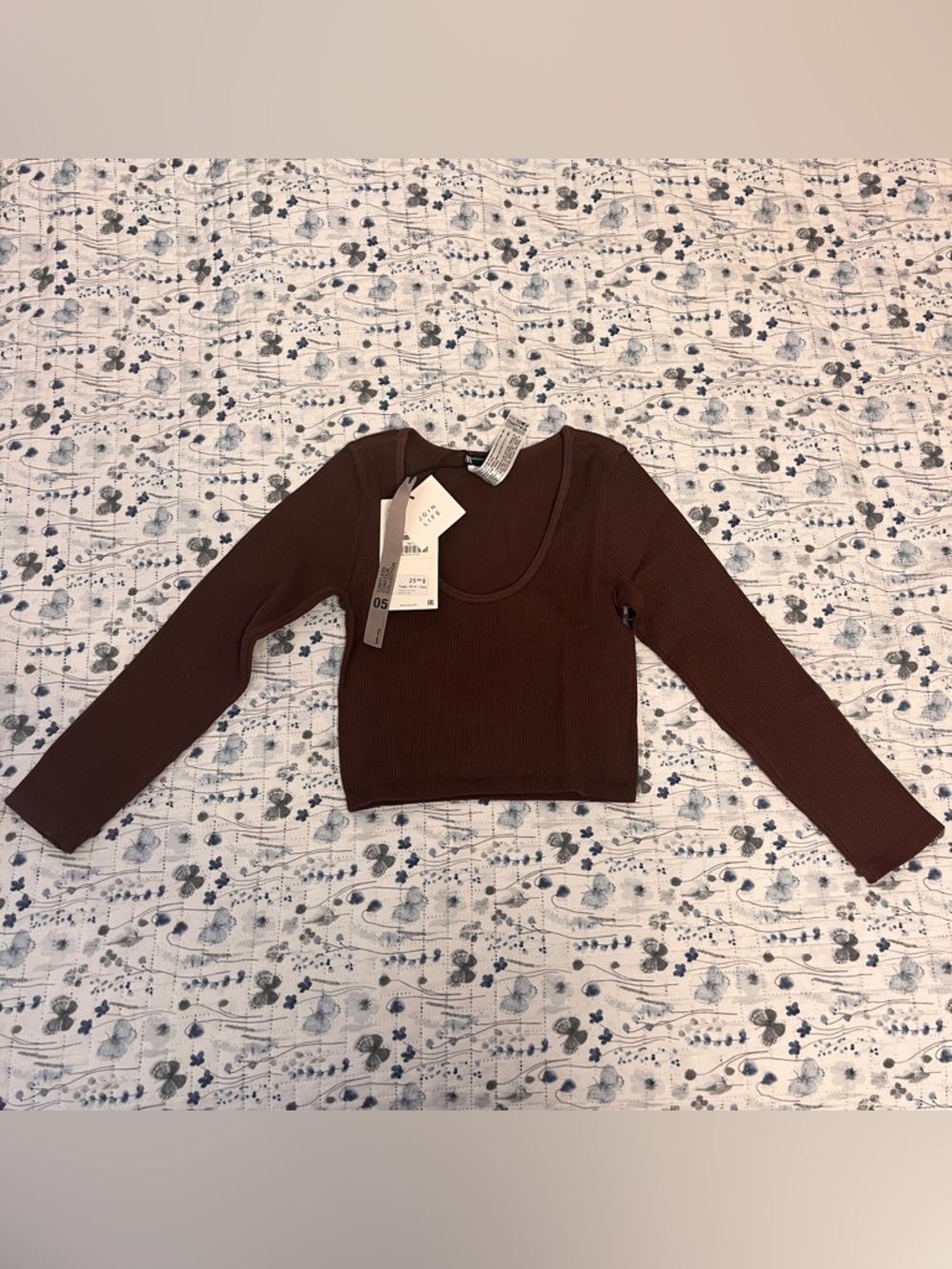 Zara Brown Ribbed Scoop-Neck Long-Sleeve Crop Top